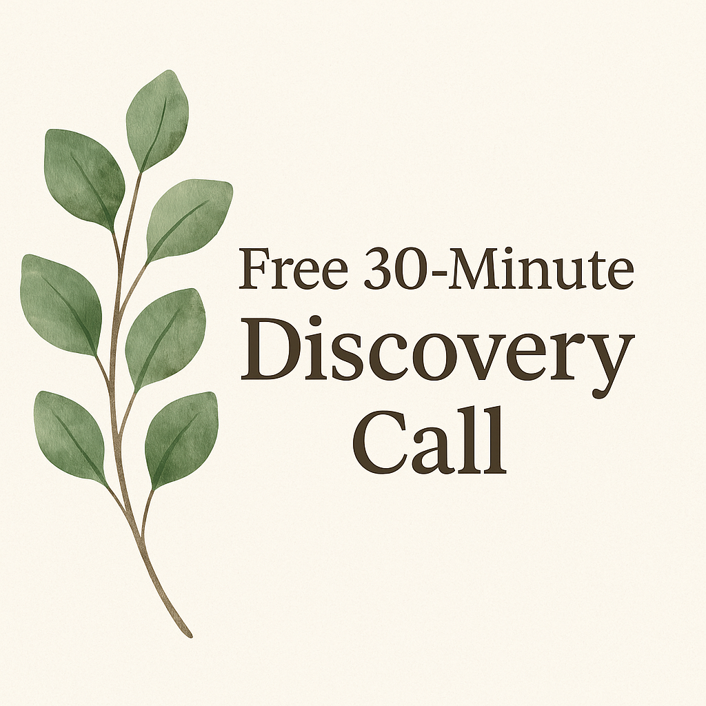 A promotional graphic with a green leafy branch on the left and text on the right that reads 'Free 30-Minute Discovery Call' in dark brown font on a light beige background.