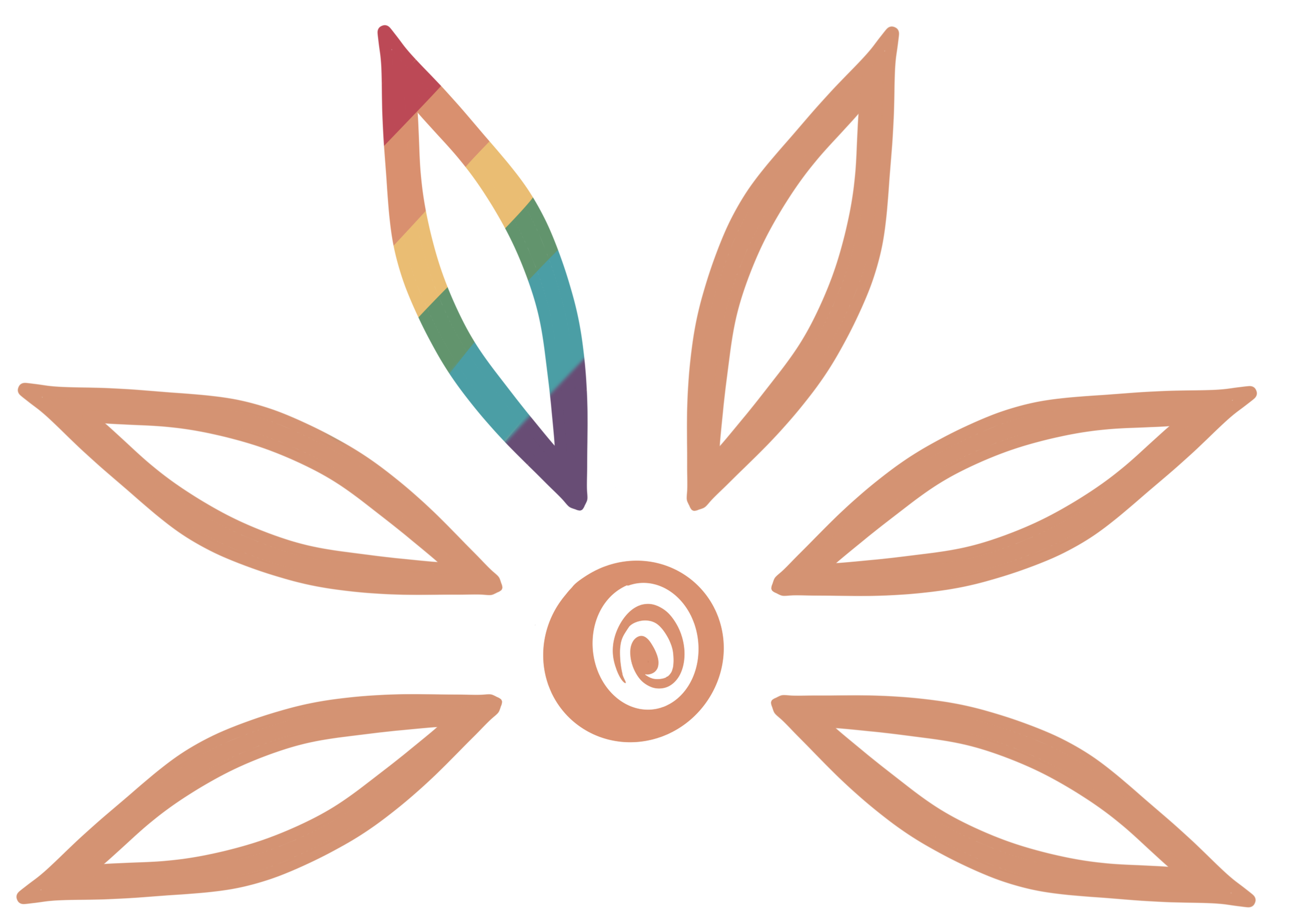 A stylized flower design with six elongated petal shapes outlined in brown, a central spiral, and one petal filled with a rainbow pattern, set against a black background.