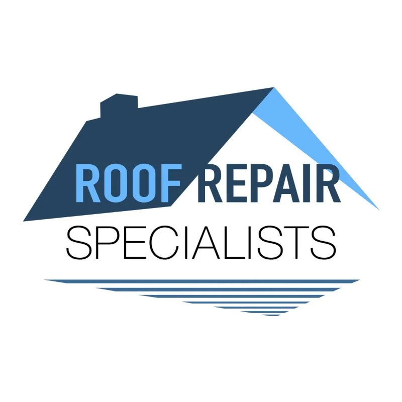 Logo for roof repair specialists featuring a stylized house roof in shades of blue and black, with the words 'Roof Repair Specialists' written below.