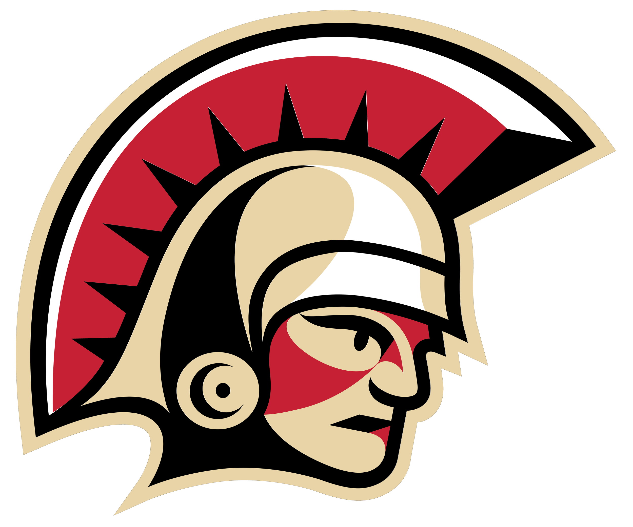 A stylized illustration of a Trojan warrior helmet with a red and white crest, facing right in profile.