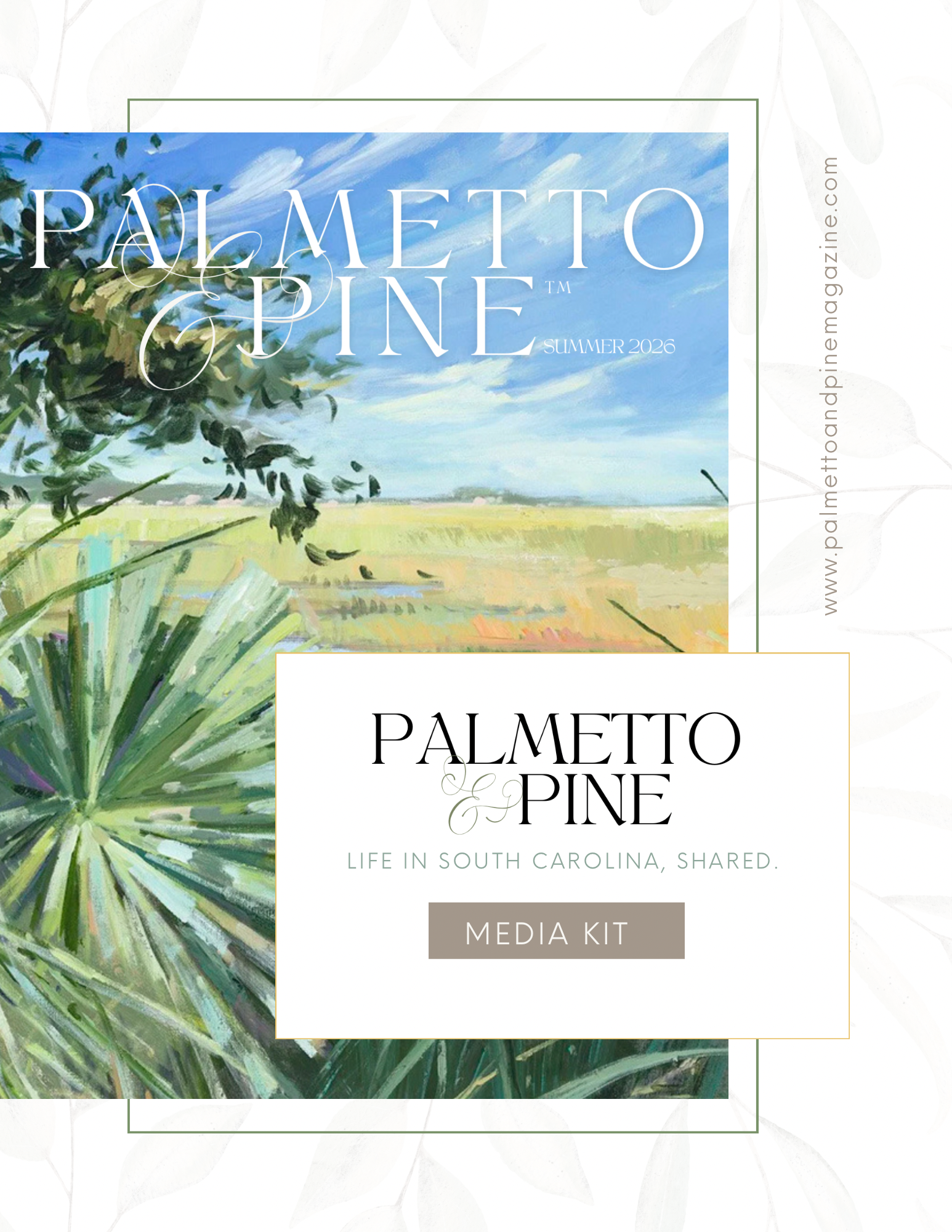 Cover of a media kit titled "Palmetto & Pine" with artwork of a landscape featuring a blue sky, green fields, and palm trees, indicating a theme related to South Carolina.