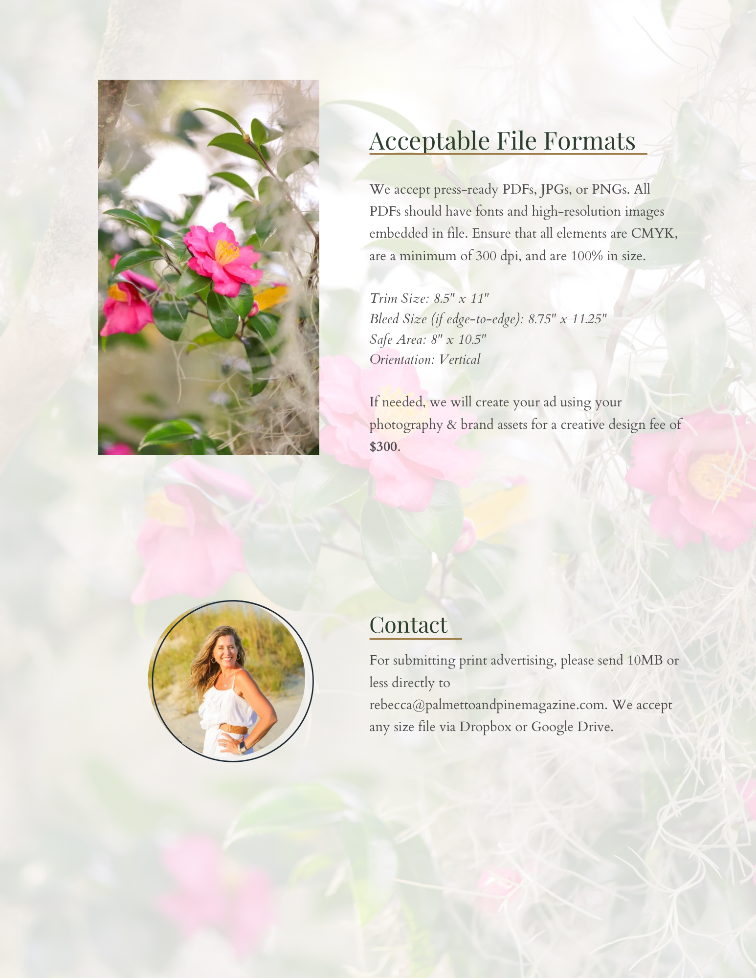 A website or document page with floral background and text about acceptable file formats and submission guidelines, featuring a photo of a woman outdoors with long curly hair, wearing a white top and orange belt.