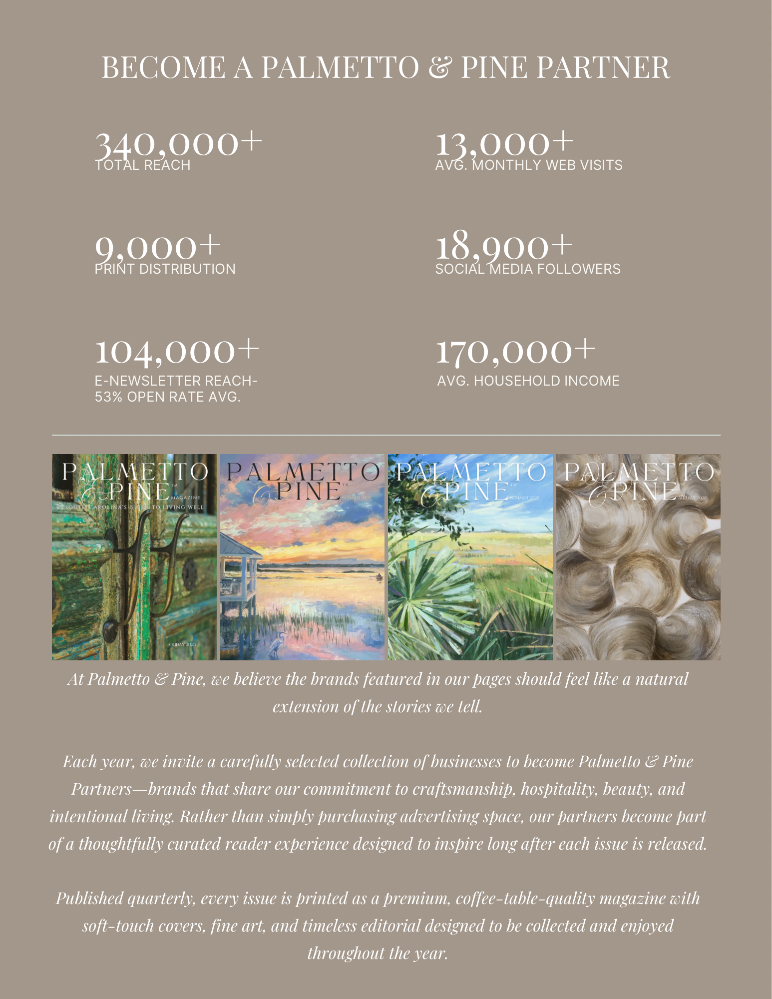 Text promoting Palmetto & Pine as a partner with statistics on reach, followers, and distribution, with images of magazine covers at the bottom.