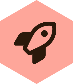 Simple black rocket icon on a pink hexagonal background