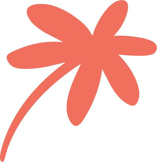 A stylized, simplistic illustration of a flower with elongated petals and a curved stem, in a coral or salmon color.
