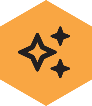 Three black star-shaped icons on an orange hexagonal background.
