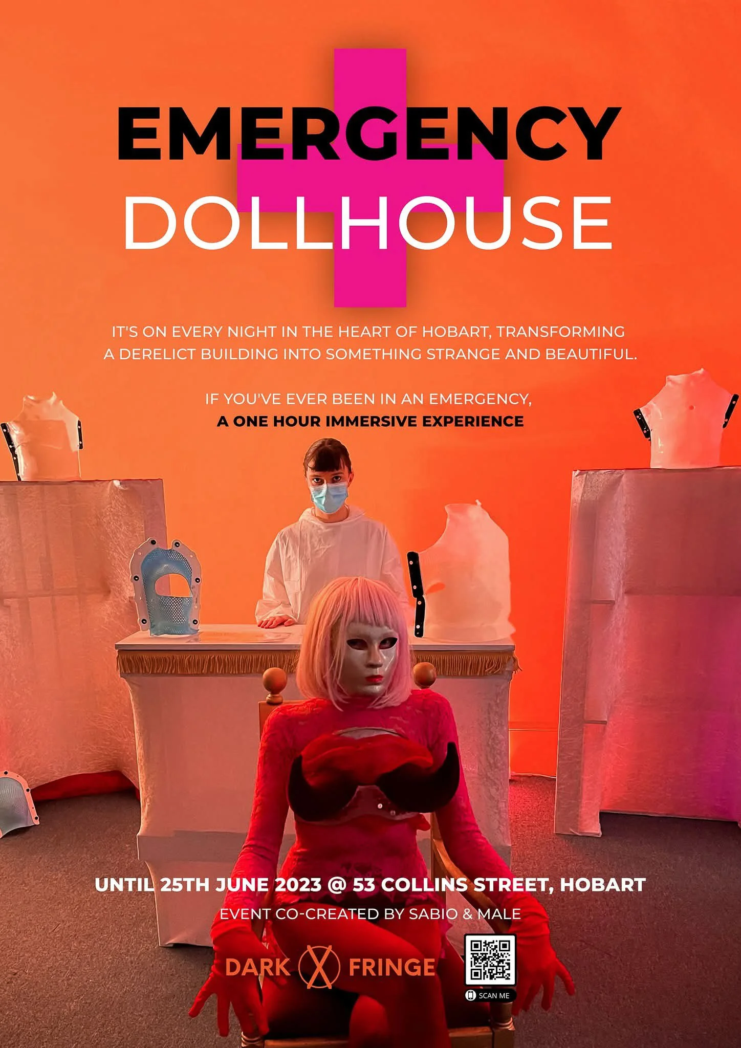 An advertisement poster for an event called 'Dark Fringe' at 53 Collins Street, Hobart, with a date until June 25th, 2023. The poster features a person with a mask, wearing a red dress, sitting on a chair in front of a dark, theatrical background. Th