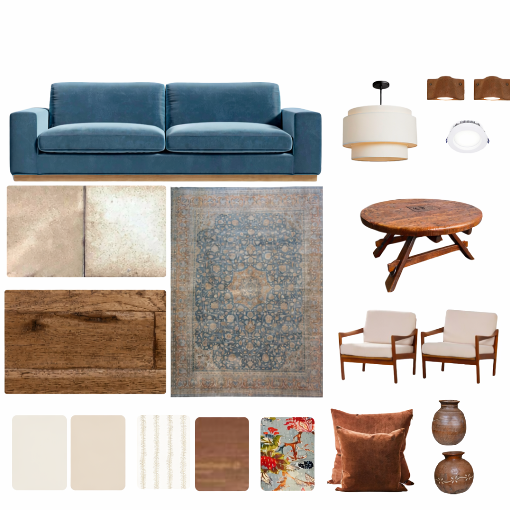A living room furniture set including a blue sofa, two white armchairs, a round wooden coffee table, and a white hanging pendant light. There are two wall-mounted wooden shelves, two brown decorative vases, and beds with pillows. The room also has various rugs, flooring samples, and color swatches for wall and furniture finishes.