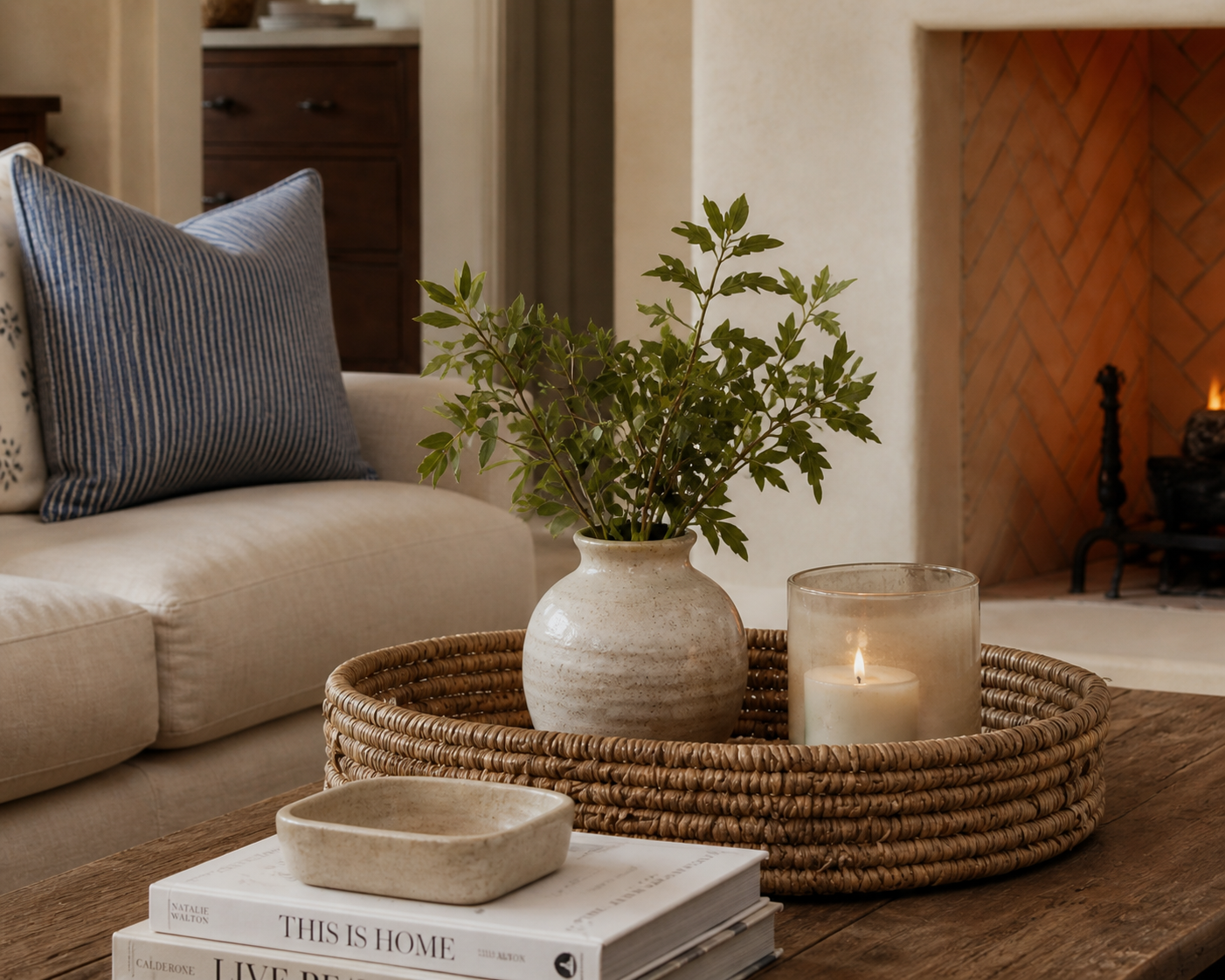 Low-voc living room coffee table and fireplace surround