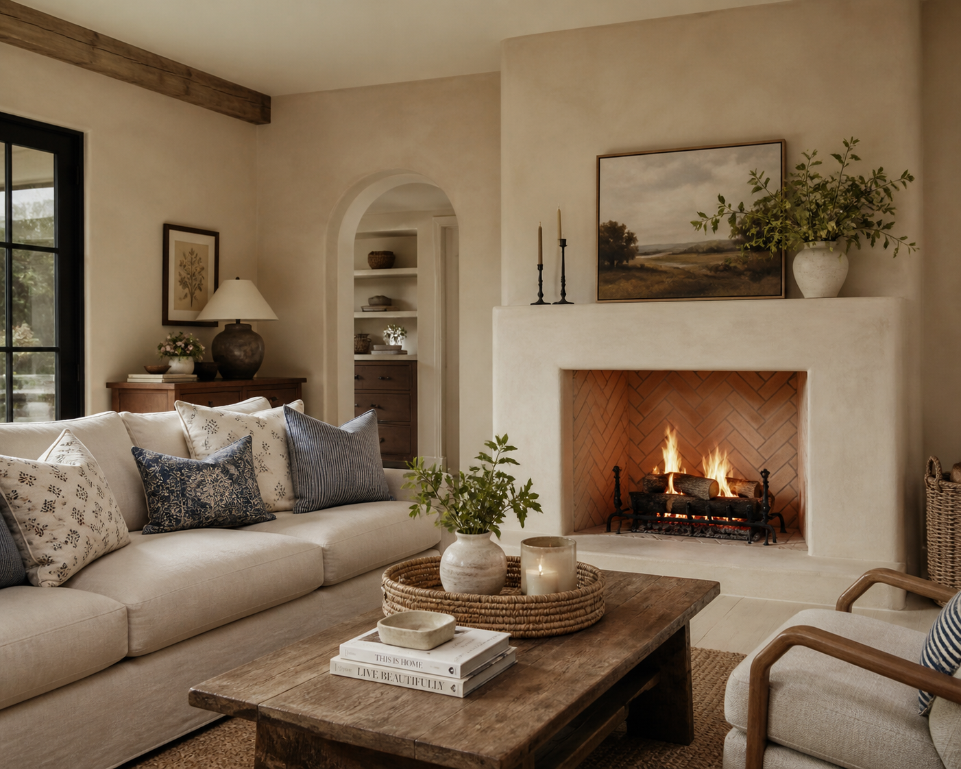Ton-toxic mediterranean coastal inspired living room with healthy wall surface selections and furnishings in La Jolla San Diego