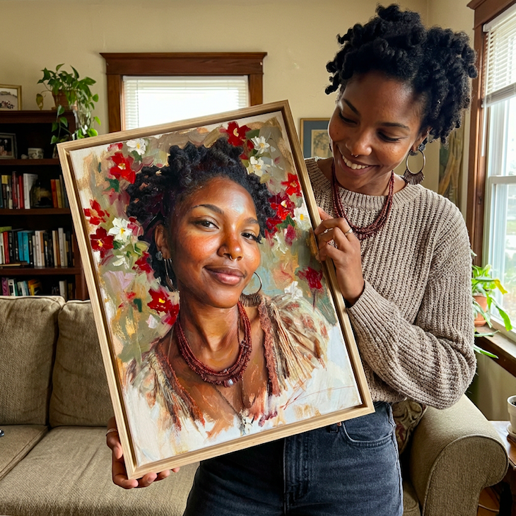 A woman holding a framed painting of herself with a floral background, smiling in a cozy living room with a bookshelf, window, and plants.