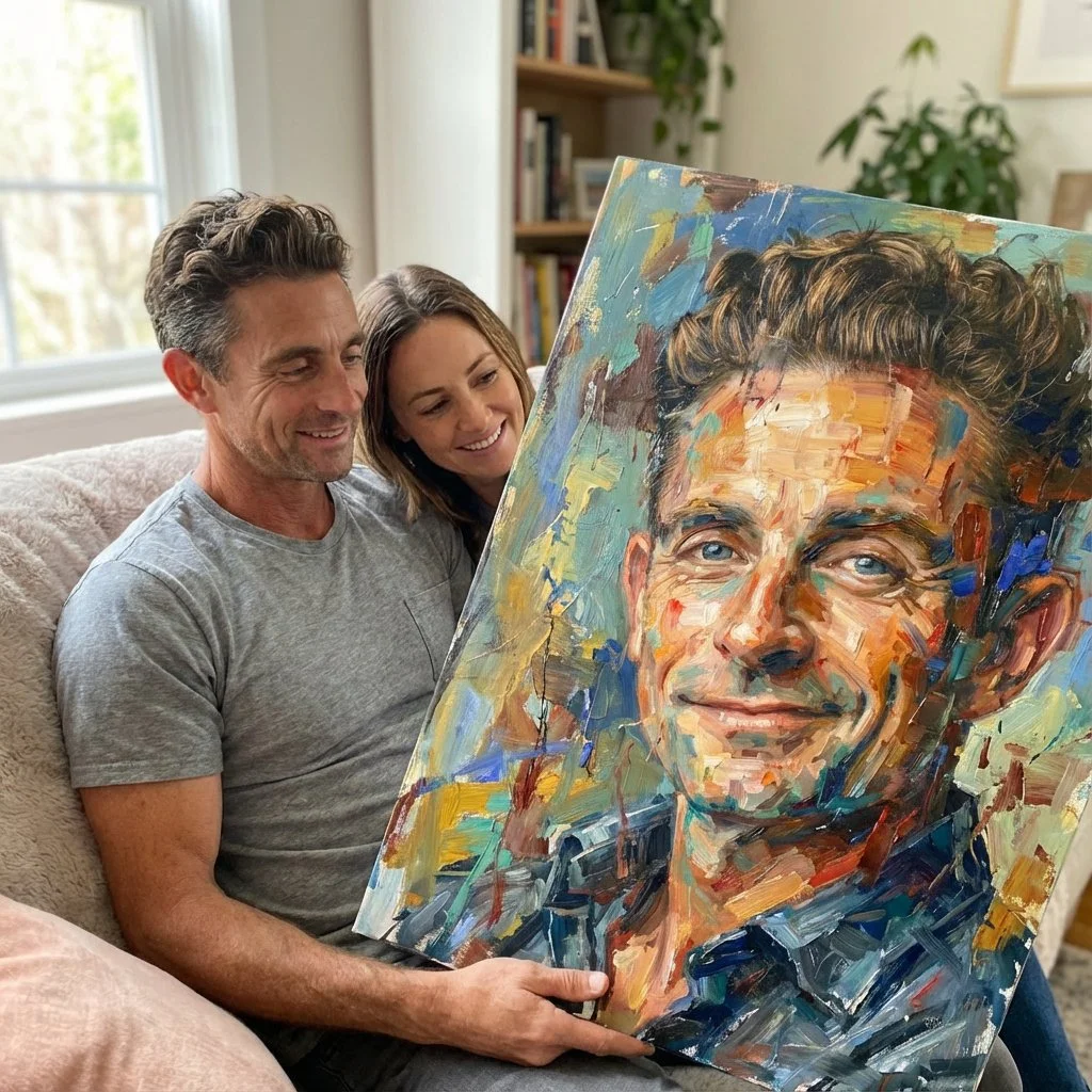 A man and woman sitting on a beige couch, looking at and smiling at a colorful, abstract portrait painting of a smiling man with curly hair, painted with broad, textured brushstrokes.