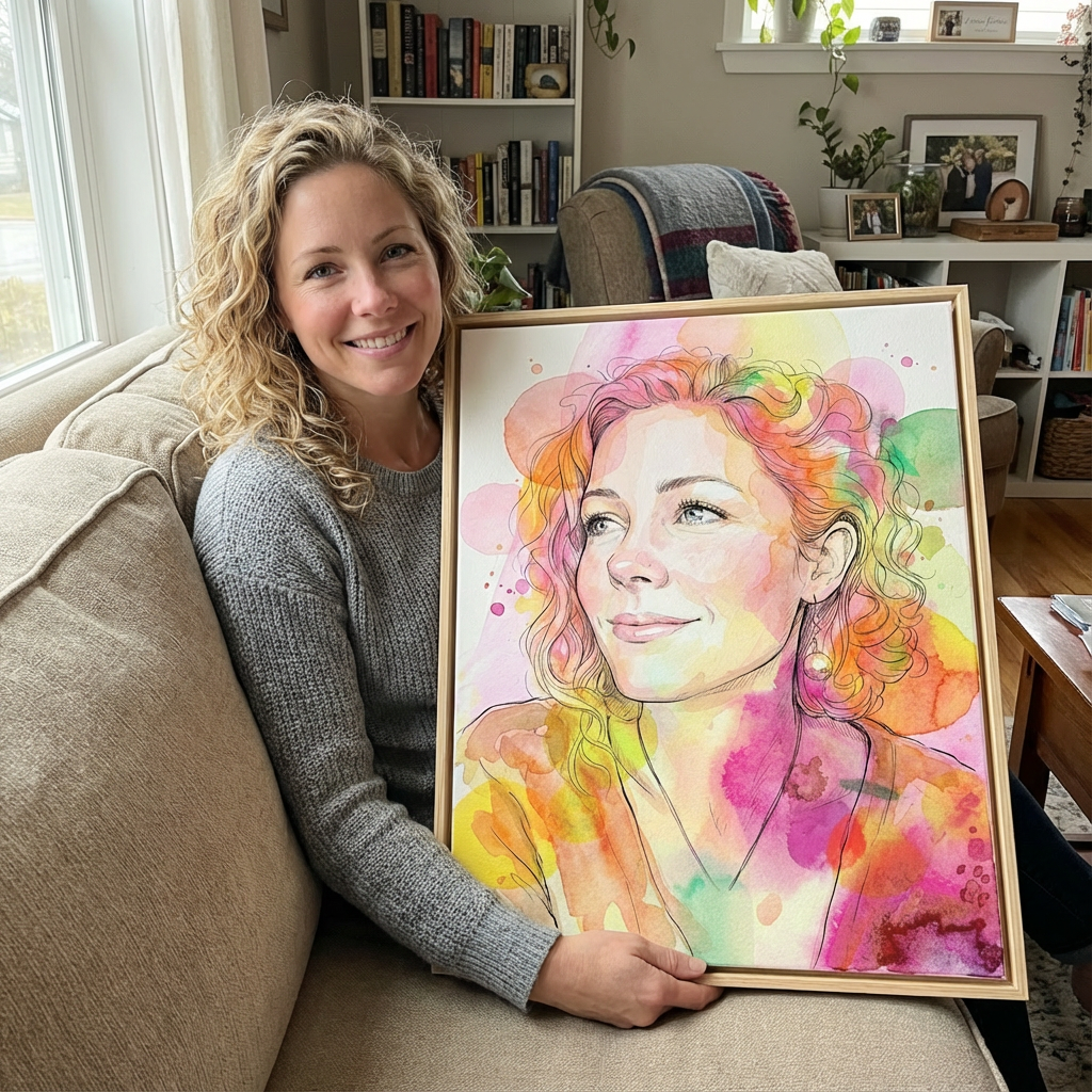 A woman with curly blonde hair sitting on a beige couch, holding a colorful watercolor portrait of herself. The room has a bookshelf, window, and decorated shelves.