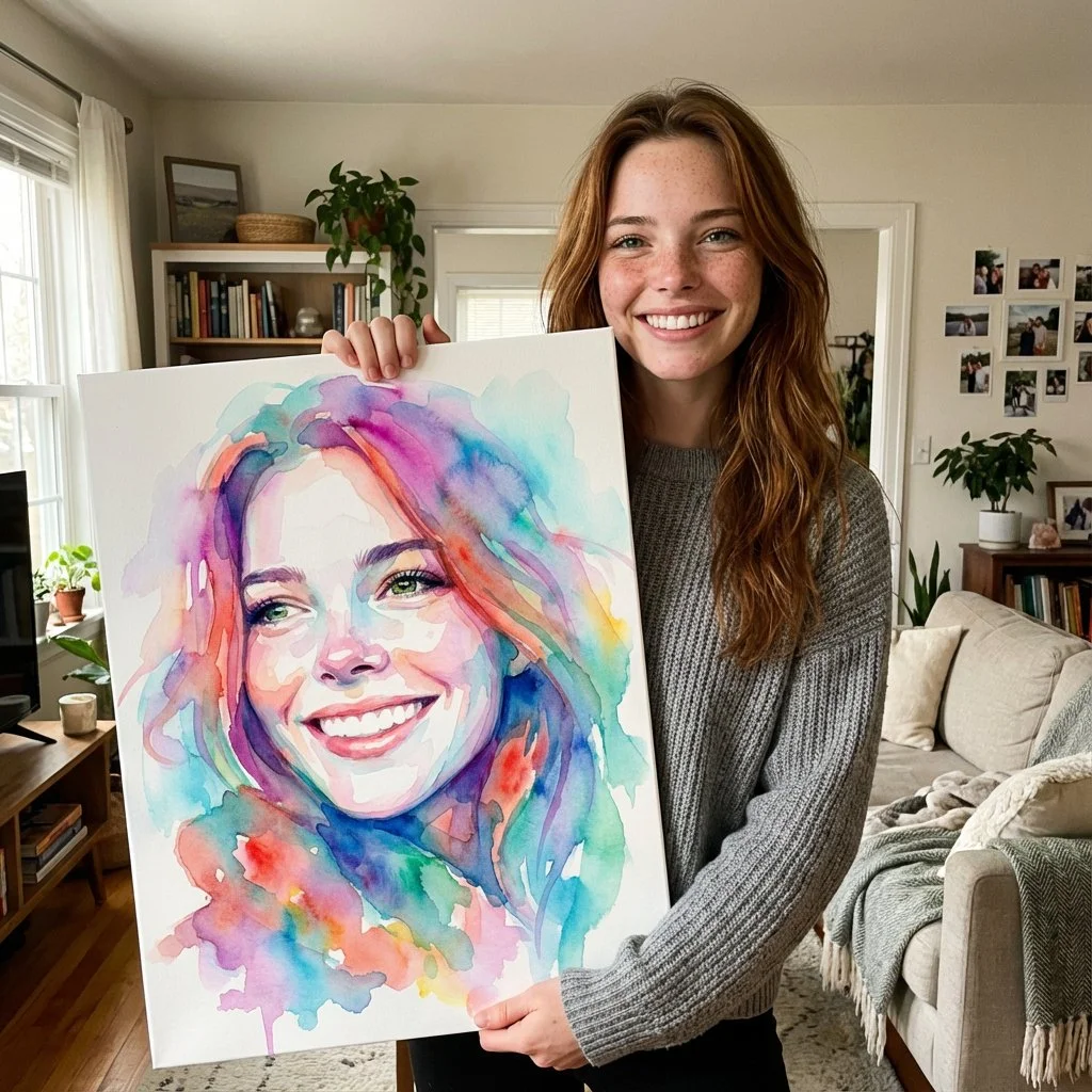 Smiling young woman with long, curly red hair holding a colorful watercolor portrait of herself in a cozy living room.