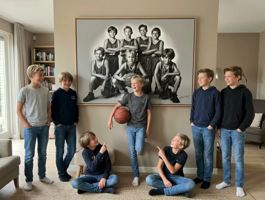 Group of seven boys in a living room, some standing and some sitting, posing in front of a large black and white basketball-themed photograph on the wall, with one boy holding a basketball and others pointing at him, all smiling and laughing.