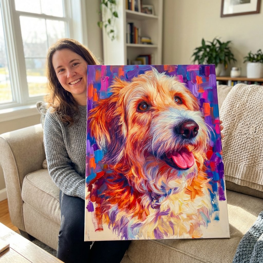 A woman sitting on a beige couch holding a colorful painting of a happy dog with fluffy fur, dark eyes, and an open mouth showing the tongue, in a bright room with large windows and houseplants.