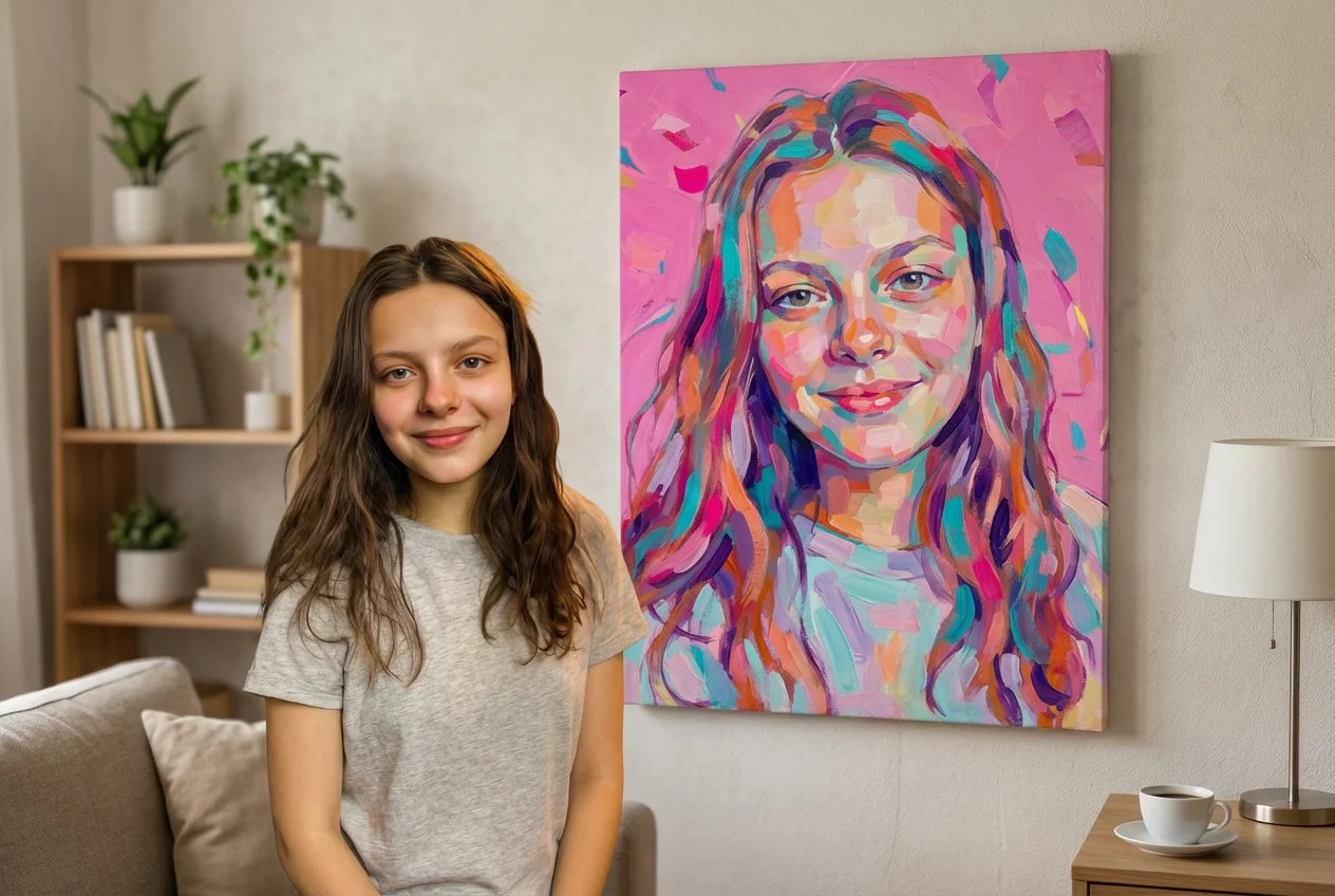 A young girl with long brown hair and a gray t-shirt standing in a living room next to a colorful portrait of herself on the wall.