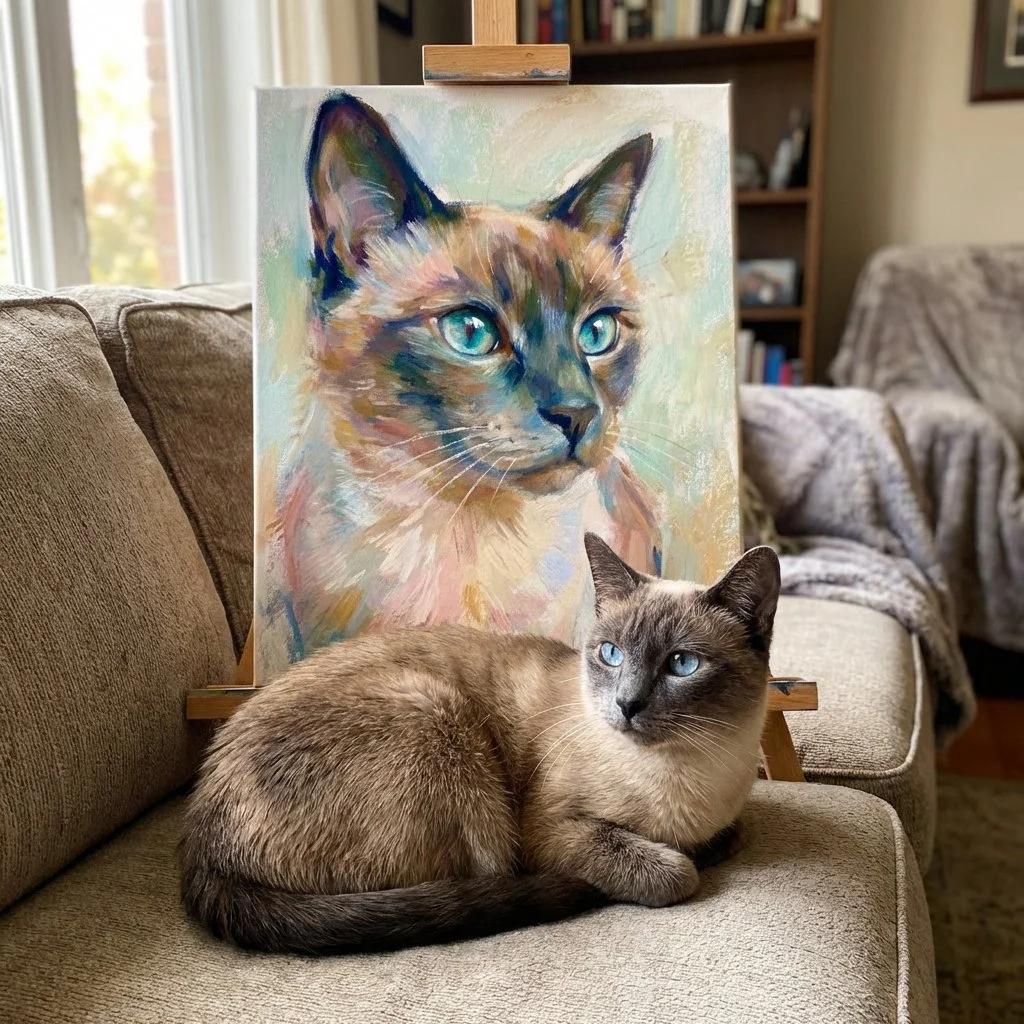 A Siamese cat with blue eyes sitting on a beige couch in front of a colorful portrait of a cat with similar blue eyes, painted in an abstract style. The background shows a living room with bookshelves and a window.
