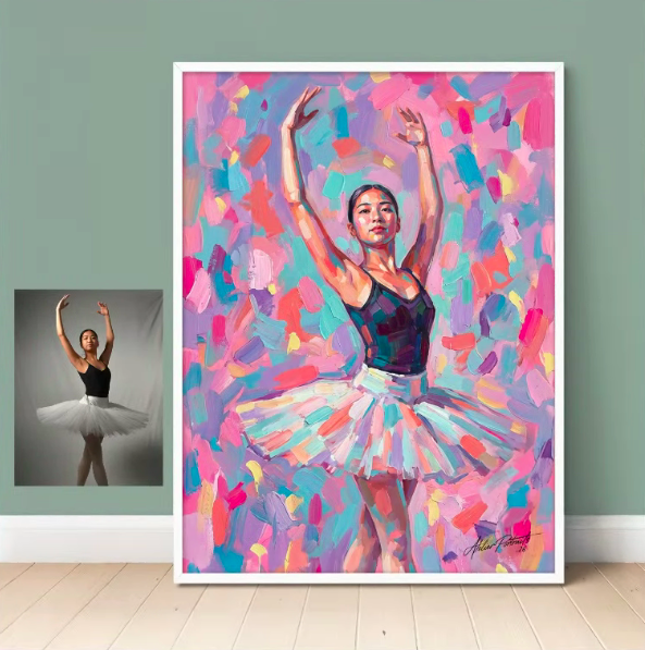 Colorful acrylic painting of a ballet dancer in a tutu with arms raised, surrounded by vibrant brushstrokes in pink, blue, and purple hues, leaning against a light green wall.