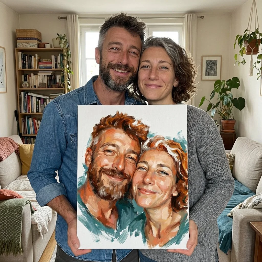 A smiling couple holding a colorful portrait of themselves in a cozy living room with shelves, plants, and framed pictures.