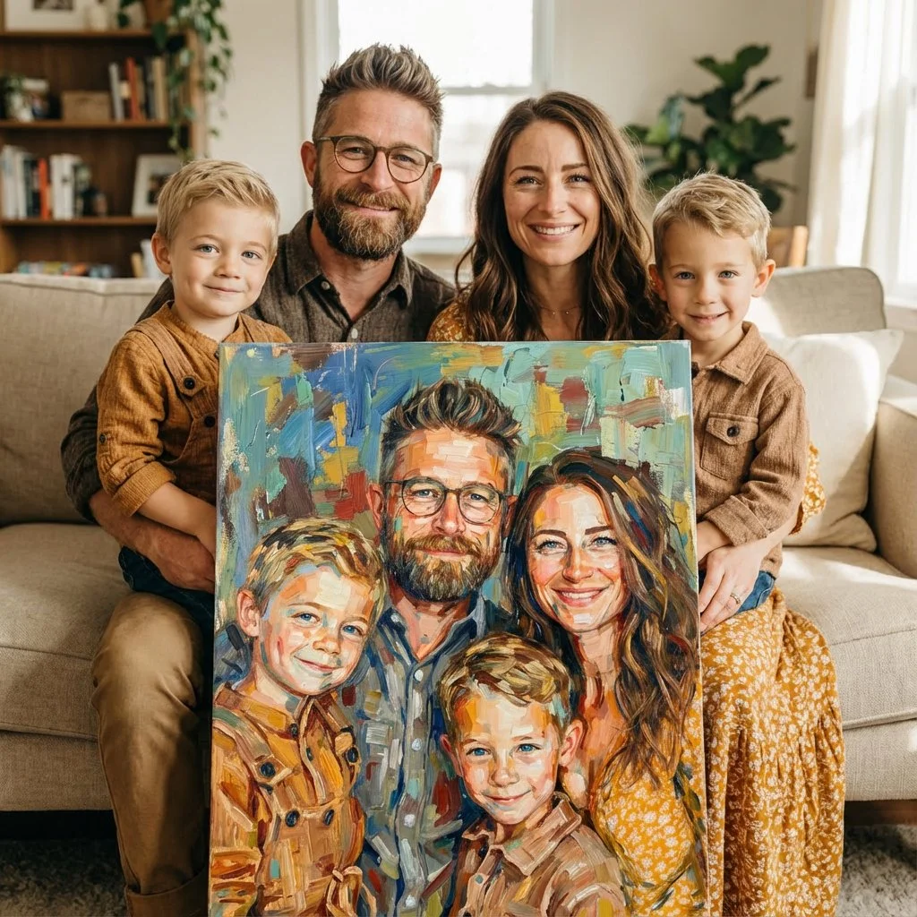 A family of five sitting on a beige couch in a cozy living room, holding a colorful painted portrait of themselves. The family includes a man with glasses and a beard, a smiling woman with long brown hair, and three young boys with blonde hair. The room has wooden shelves with books and decorative items, and plants are visible in the background.