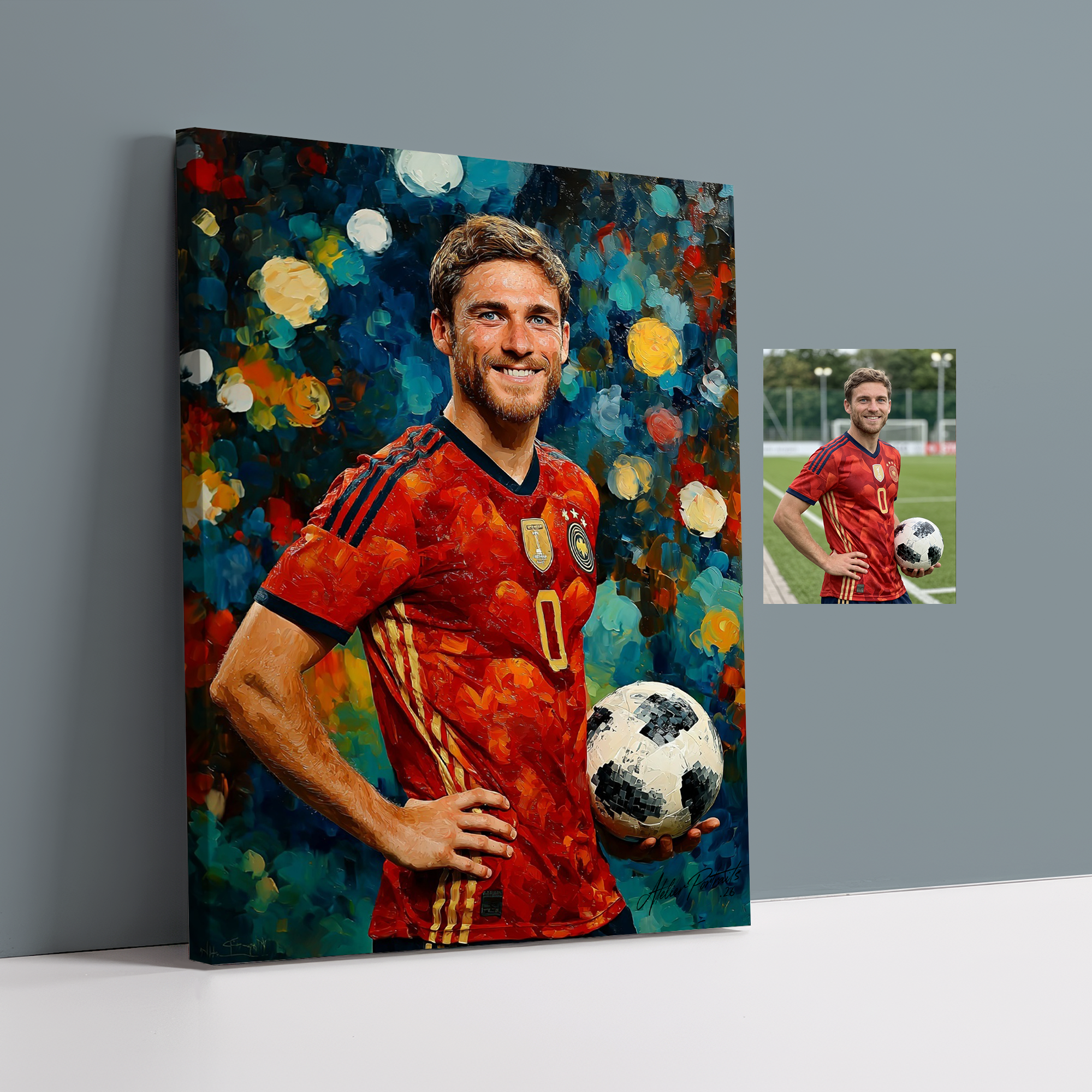 A digital painting of a man in a red soccer jersey holding a soccer ball, standing in front of a colorful abstract background. A real photograph of the same man in the same jersey holding a soccer ball is seen on a wall beside the painting.