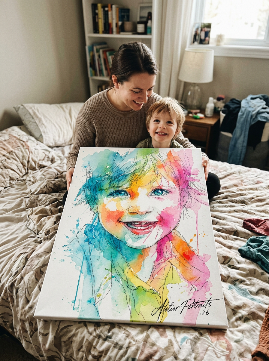 A woman and a young boy smiling and holding a vibrant watercolor portrait of a smiling child with bright blue eyes, blonde hair, and colorful splashes of watercolor.