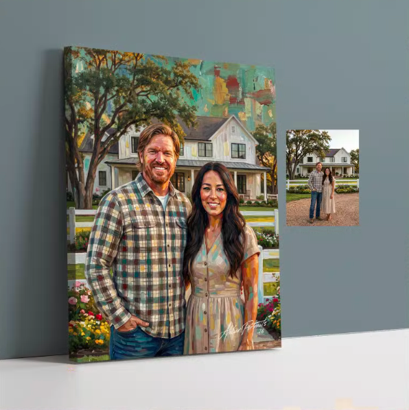 A painting of a man and woman standing together outdoors in front of a house and garden, with an inset photograph of the same couple in front of the house.