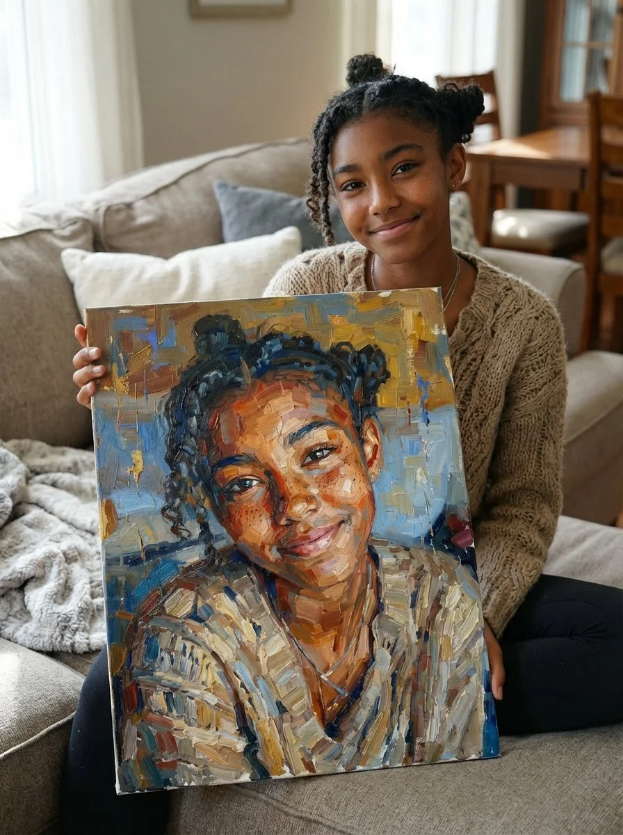 A young girl with dark curly hair in pigtails, wearing a beige sweater, sitting on a beige couch in a living room with wooden furniture, holding a colorful painted portrait of herself that depicts her smiling with braided hair, wearing a patterned shirt.