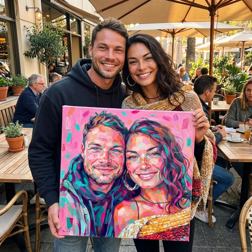 A smiling man and woman holding a colorful portrait painting of themselves at an outdoor café with other diners and umbrellas.