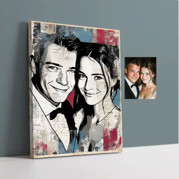 A mixed media artwork of a man and woman in tuxedos with a smaller printed photograph of the same couple beside it. The artwork features black and white sketching with red, white, and blue accents on a canvas against a gray wall.