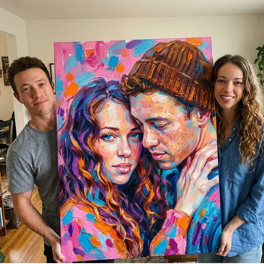 Two people holding a colorful portrait painting of a woman and a man, with the woman having curly hair and the man wearing a beanie.