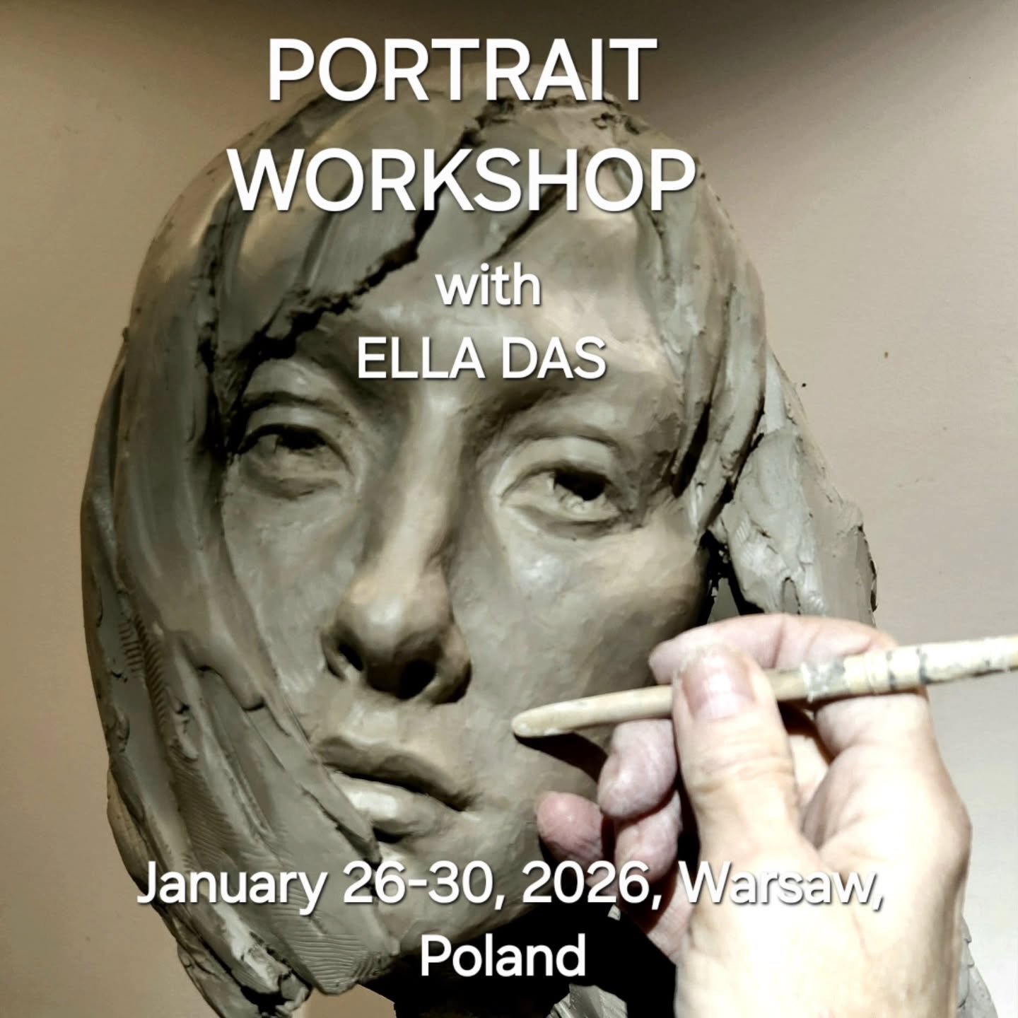 A person sculpting a portrait of a woman's face with a paintbrush, with text overlay advertising a portrait workshop.