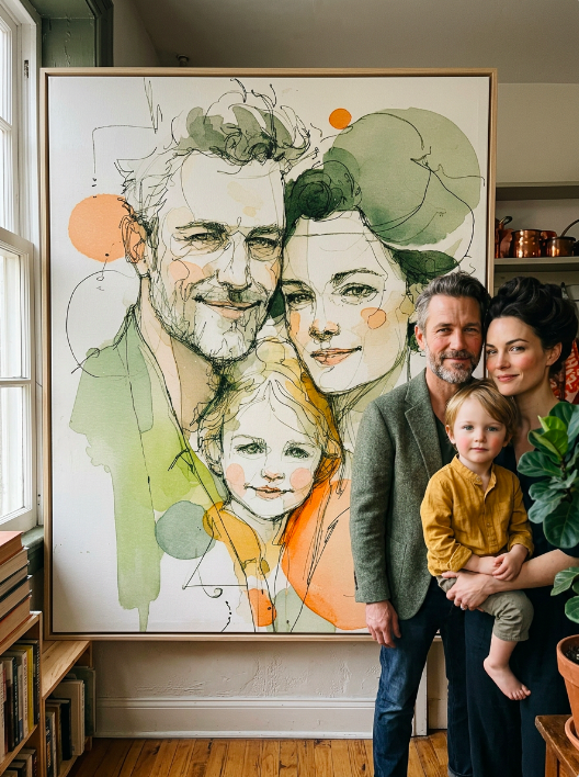 A family of three standing in front of a large abstract portrait artwork in a cozy home setting.