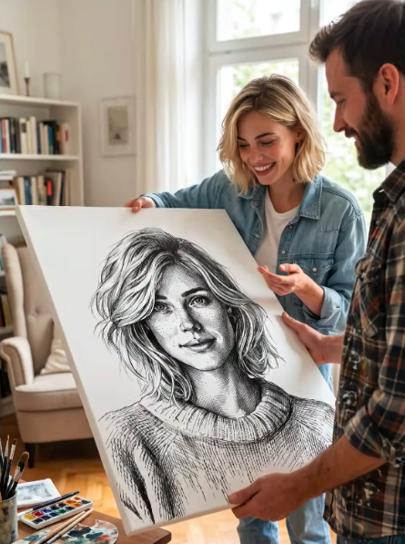 A woman and a man looking at a large pencil sketch of a woman in a cozy, well-lit room with bookshelves in the background.
