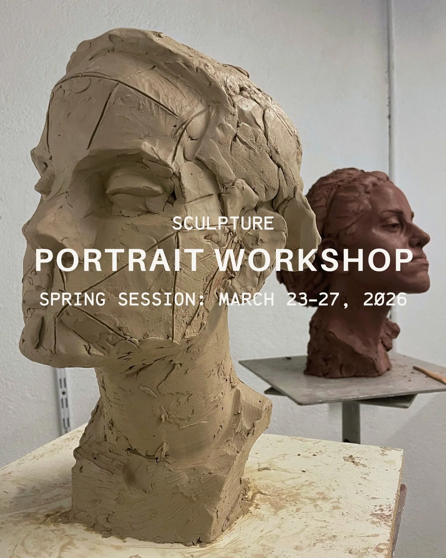 Two sculpture busts on display, one made of clay and another painted reddish-brown, both portraying human heads in profile, with text overlay advertising a portrait sculpture workshop.