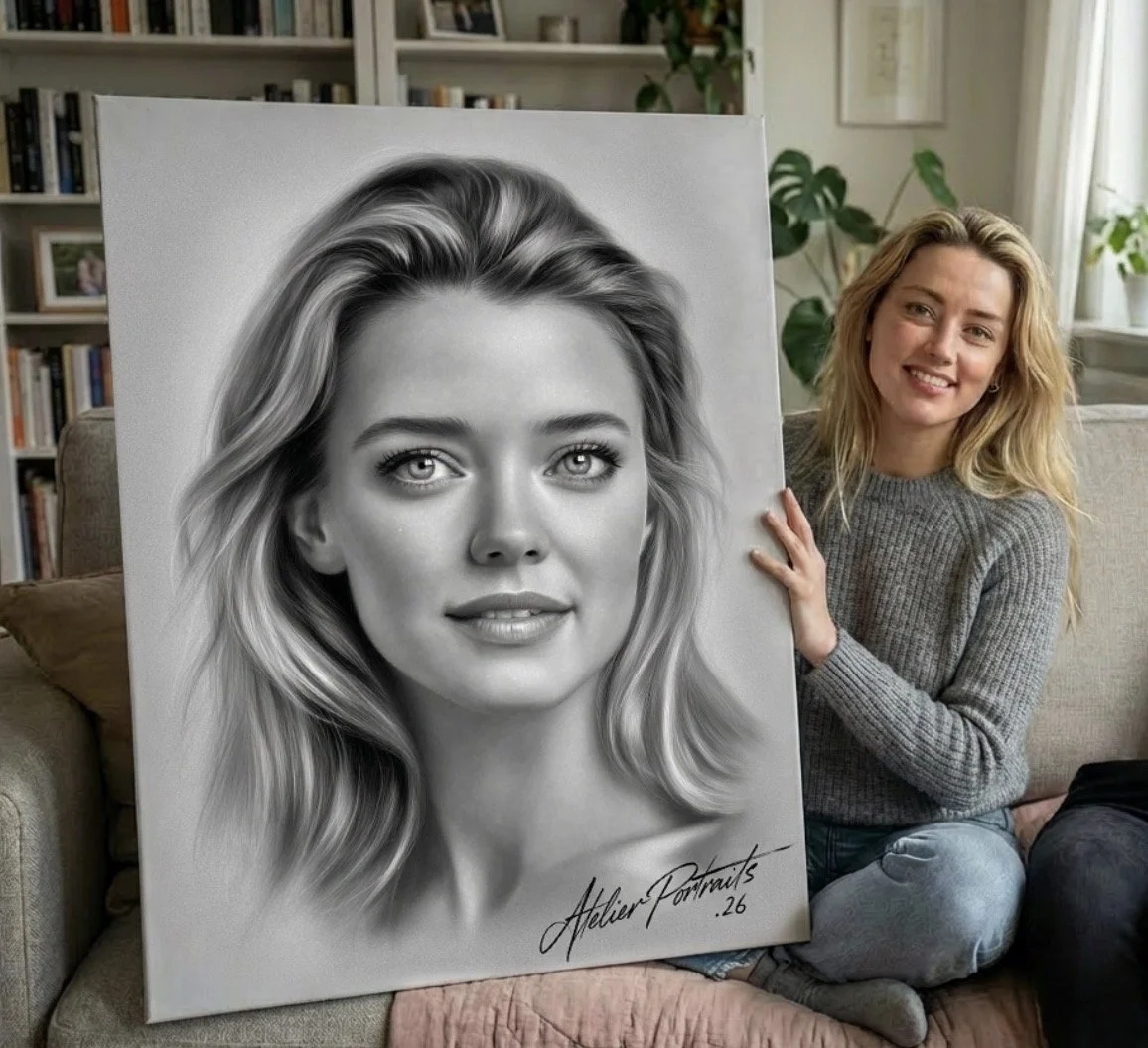 A woman with blonde hair sitting on a couch holding a large black-and-white portrait of a woman with similar features. The portrait is signed 'Atelier Portraits, 26.' The woman is smiling and wearing a gray sweater inside a cozy room with bookshelves and potted plants.