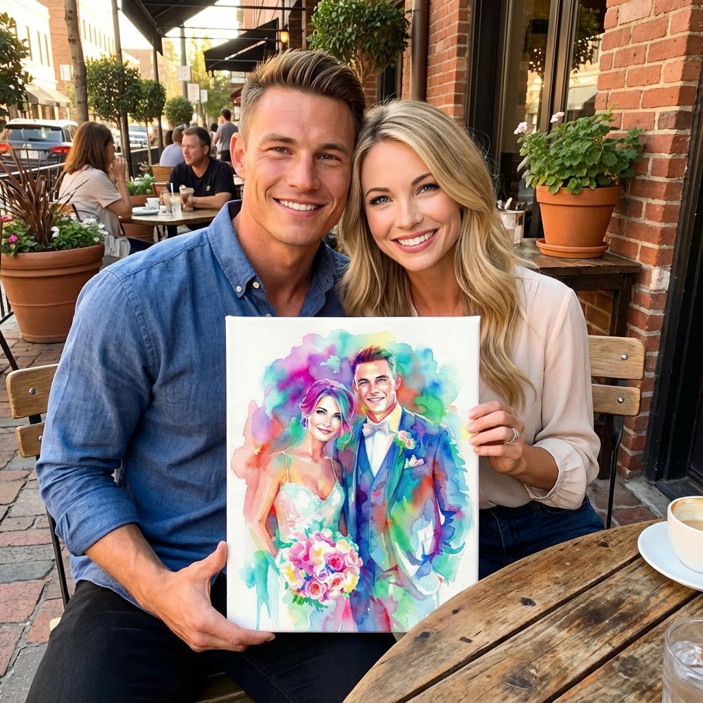 A smiling young couple sitting at an outdoor cafe holding a colorful watercolor portrait of themselves.