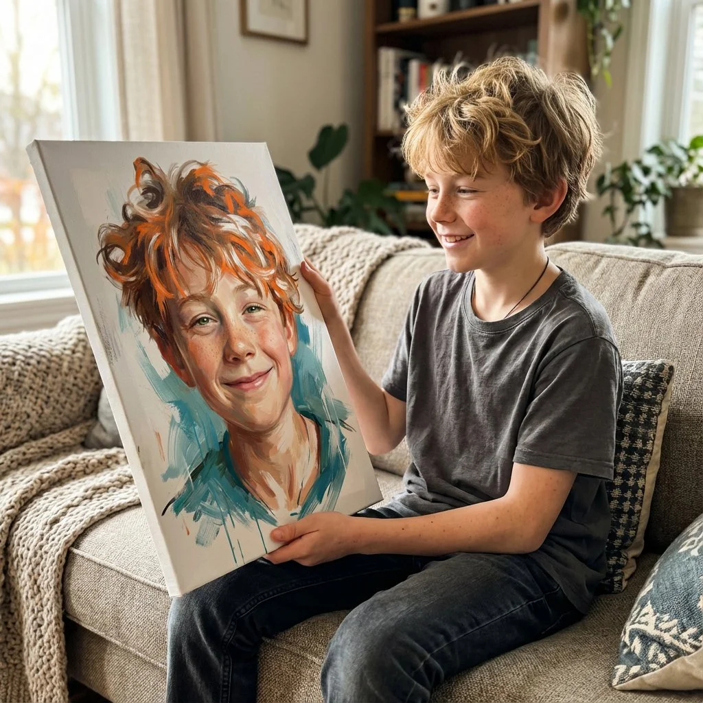 A young boy sitting on a beige couch holding a colorful portrait of himself, smiling as he looks at the painting, in a cozy living room with natural light, books, and plants in the background.