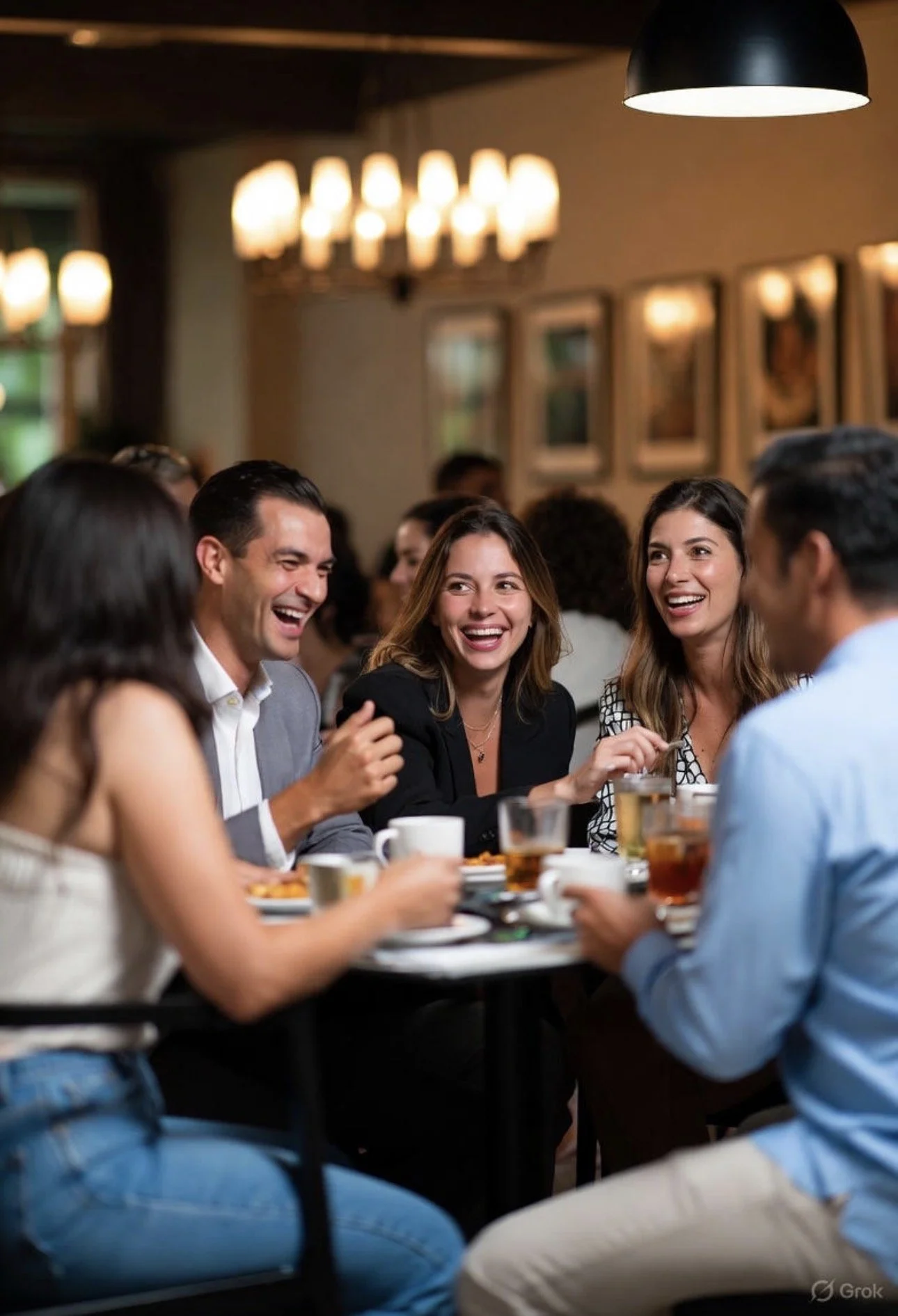 A group of friends laughing and talking at a restaurant table, enjoying drinks.