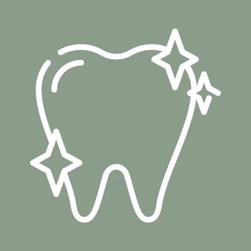 Line drawing of a tooth with sparkling stars around it, on a green background.
