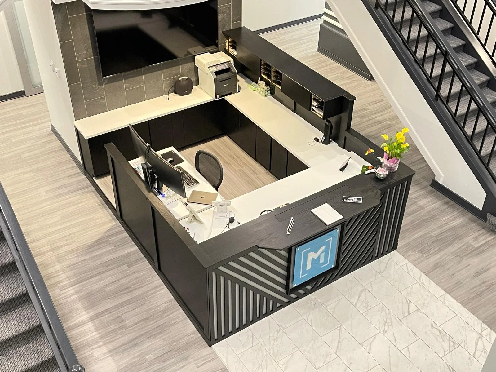 A complete receptionist center.  Lots of storage with two desks and much, much more.