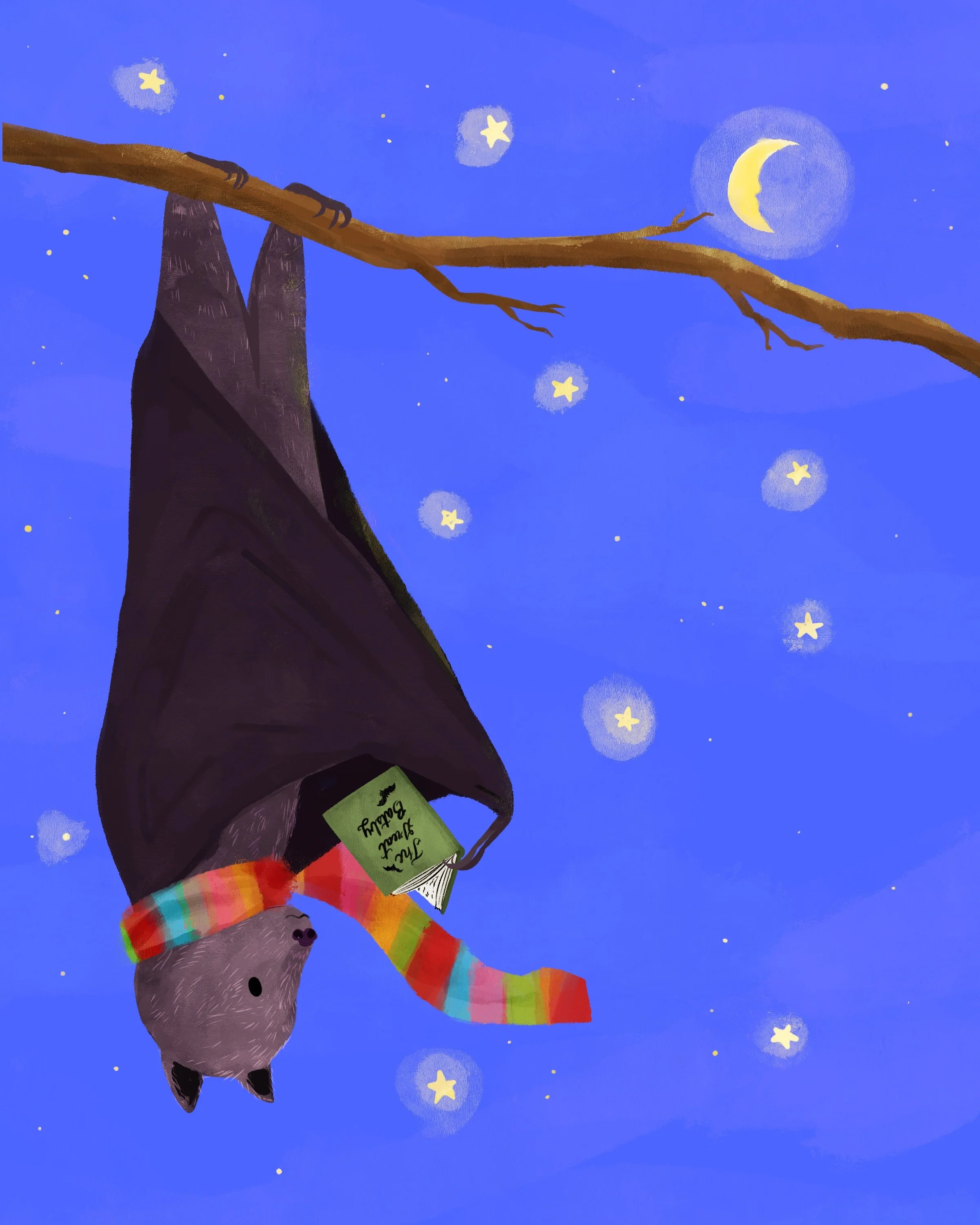 An illustration of a bat hanging upside down from a tree branch in a night sky with stars and a crescent moon, wearing a colorful striped scarf and holding a green book that says 'The Great Batsby'.