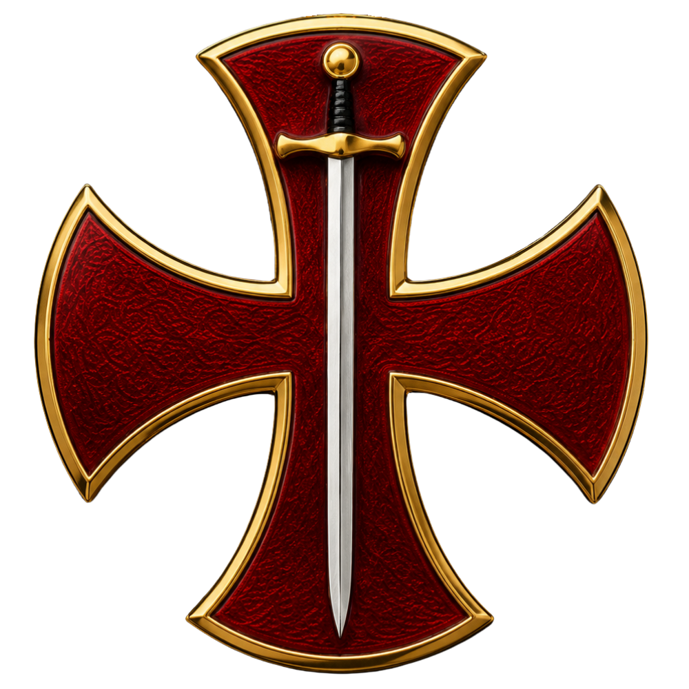 A red shield shaped emblem with a gold border, featuring a sword with a gold hilt at the top and a silver blade in the center.