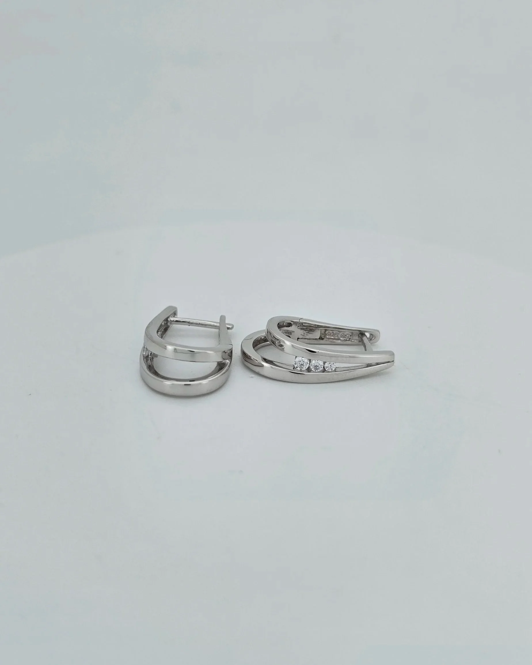 Sterling Silver Double U-Shaped CZ Huggie Earrings