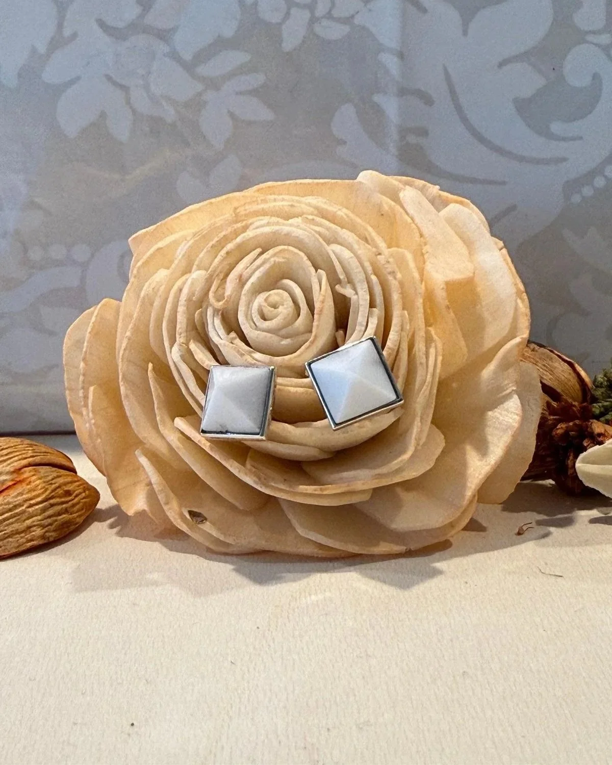 silver 8mm square white agate studs