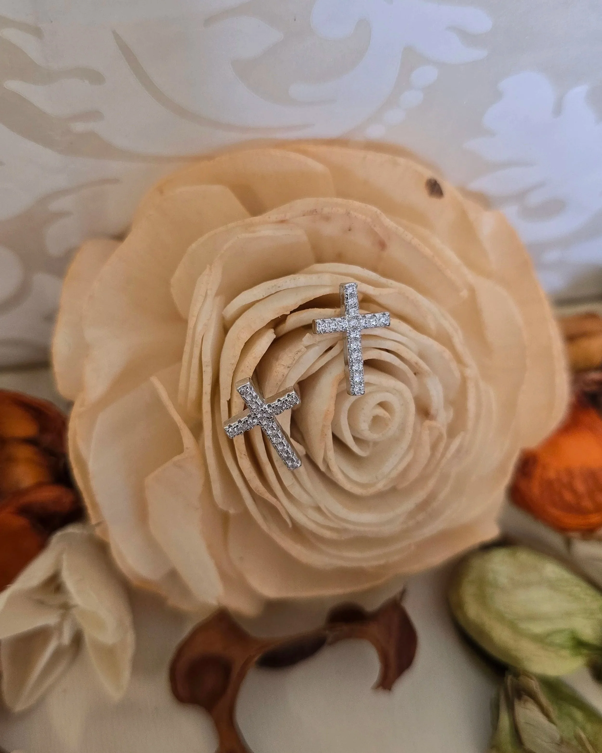 Silver Cross CZ Stud Earrings