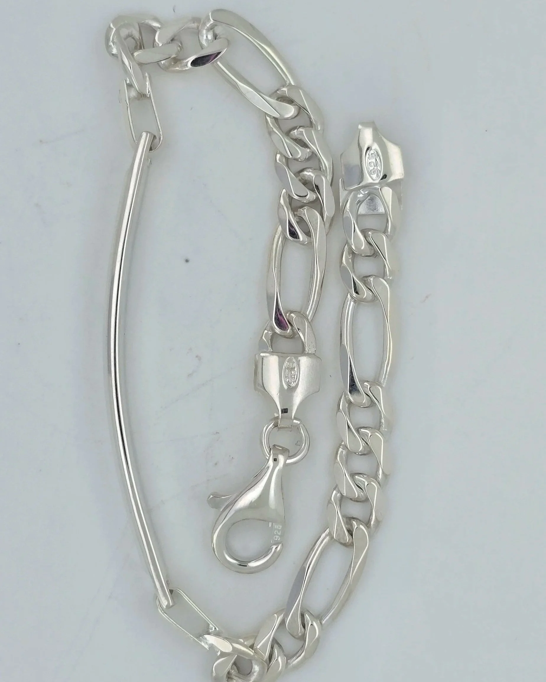 Sterling Silver Bevel Figaro ID Bracelet