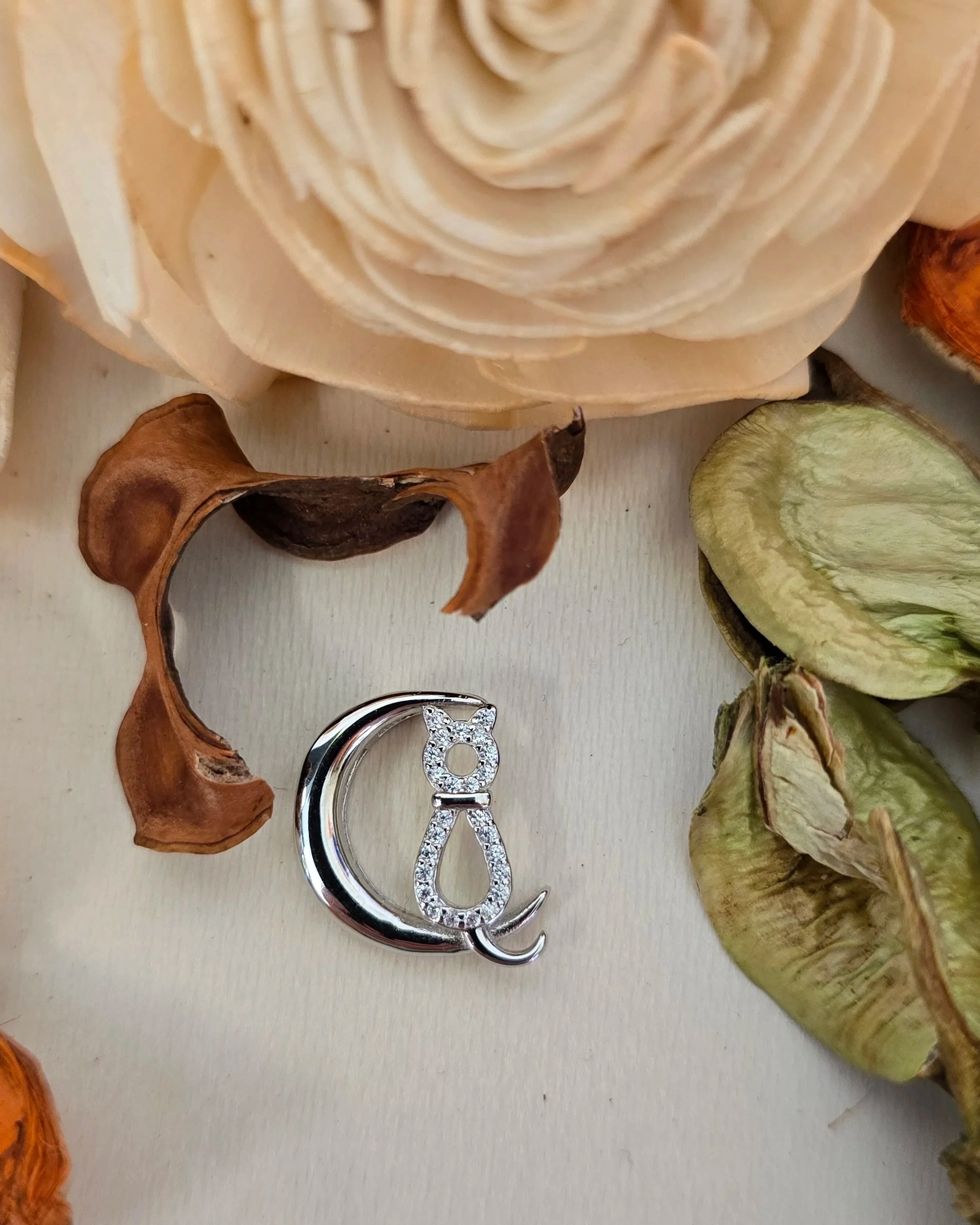 Silver cat & moon pendant