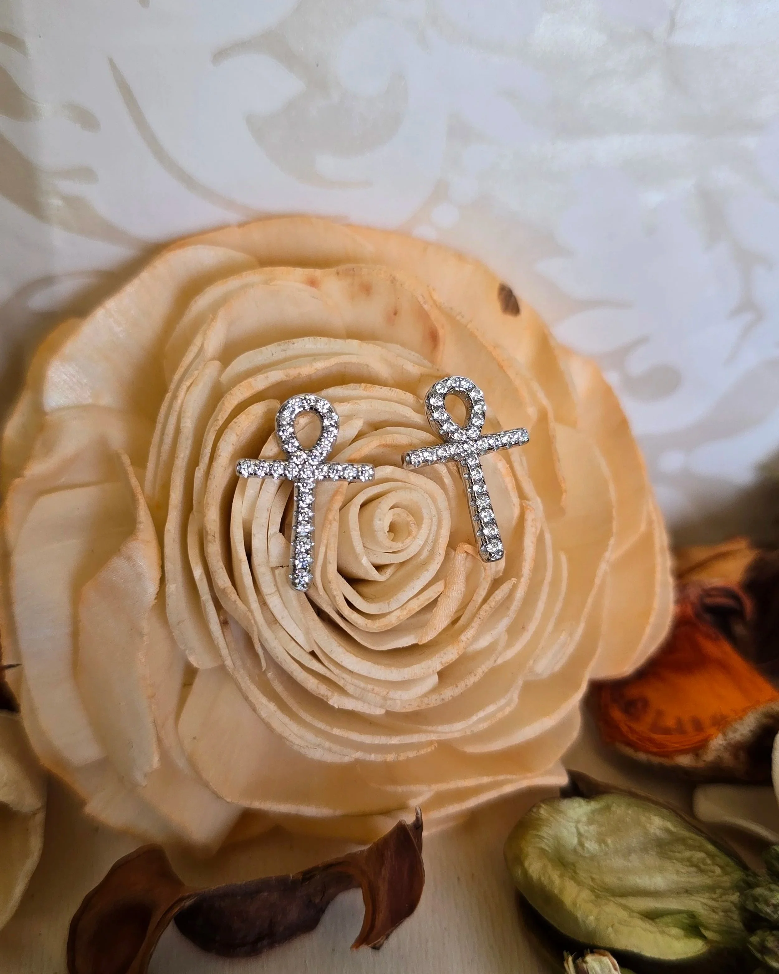 Sterling Silver Egyptian Cross CZ Stud Earrings